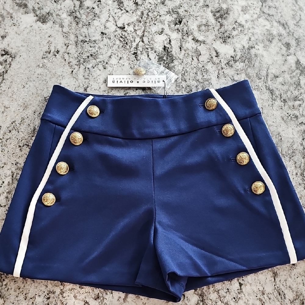 Alice + Olivia Navy High-Waisted Shorts with Gold Accents Size 2